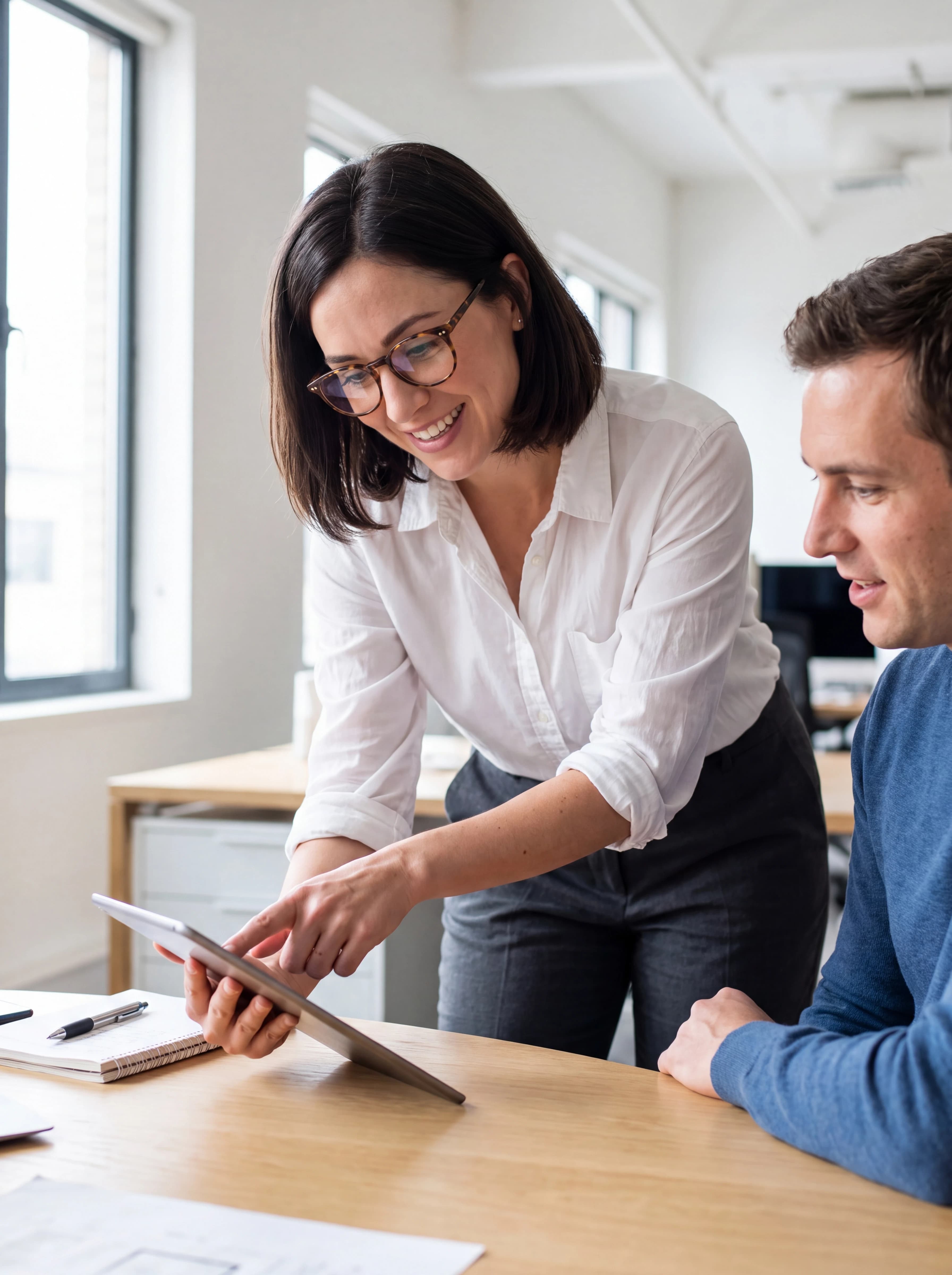 Two teammates reviewing a record together in a bright office